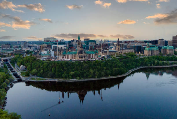 Parliament Hill Ottawa Aerial drone photograph of Canadian Parliament from Ottawa River ottawa river stock pictures, royalty-free photos & images