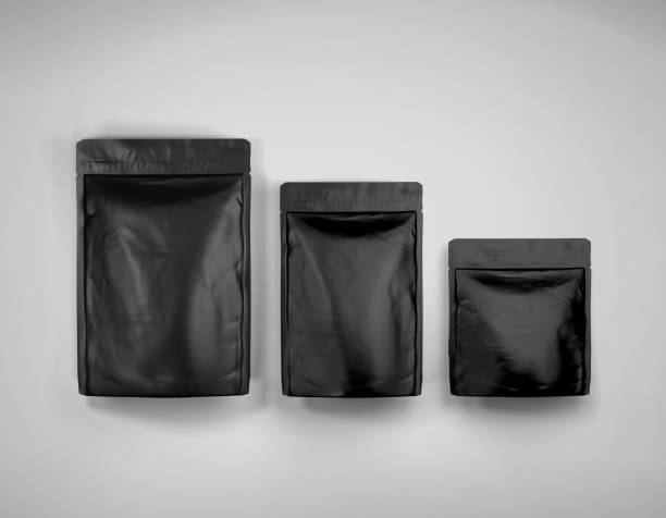 istock Black Stand-up foil pouch bag mockup template, Dark blank food coffee doypack, 3d Rendering isolated on light background 1323062527