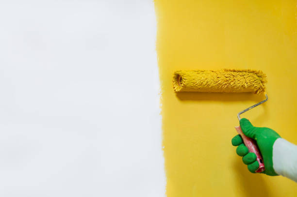 istock Male hand painting wall with paint roller 1323064410