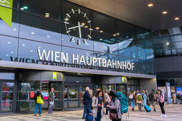 View of the northern entrance gate to Wien Hauptbahnhof, the main railway station in Vienna, Austria, stock photo