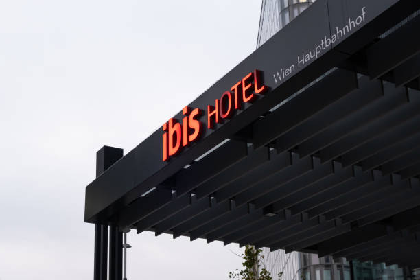View of the ibis Hotel Wien Hauptbahnhof sign, an international hotel company owned by AccorHotels, nearby Wien Hauptbahnhof in Vienna, Austria. stock photo