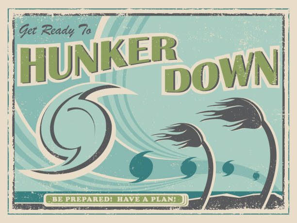 Hunker Down Poster A vintage style poster advertisement for hurricane preparedness with the phrase hunker down on it hurricane stock illustrations
