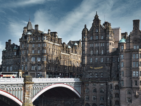 View of the North Bridge and historic district in Edinburgh, Scotland