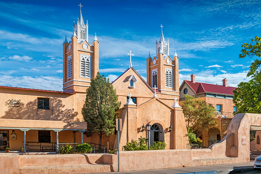 San Felipe de Neri Church in Old Town Albuquerque, New Mexico, USA on a sunny day.