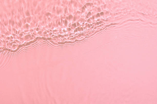 de-focused. Closeup of pink transparent clear calm water surface texture with splashes and bubbles. Trendy abstract summer nature background. Coral colored waves in sunlight. Copy space