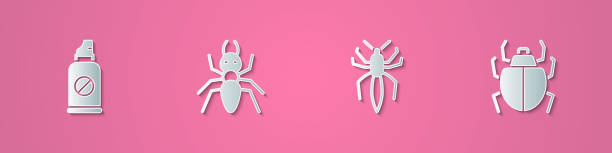 Set paper cut Spray against insects, Ant, Spider and Mite icon. Paper art style. Vector Set paper cut Spray against insects, Ant, Spider and Mite icon. Paper art style. Vector. cutter insect repellant stock illustrations