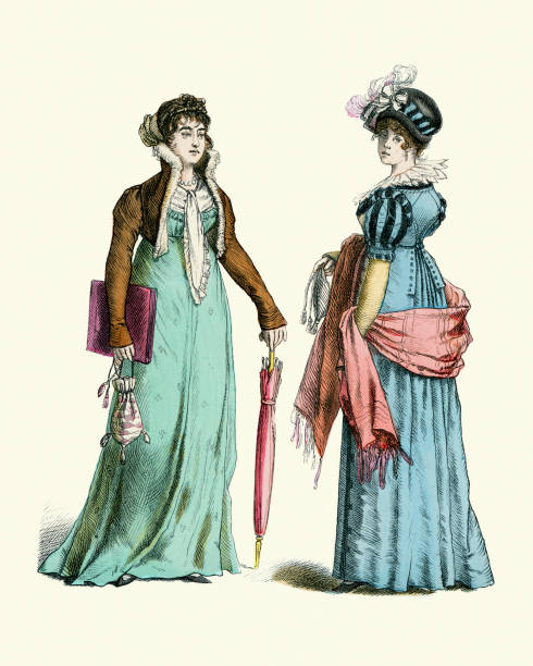 damenmode des frühen 19. jahrhunderts, hoch tailliertes kleid, schal, kurze jacke - historische kleidung stock-grafiken, -clipart, -cartoons und -symbole