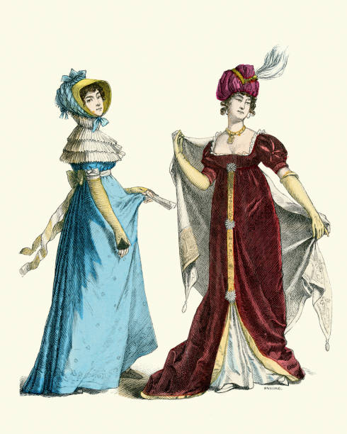 ilustrações, clipart, desenhos animados e ícones de modas femininas do início do século xix, vestido azul, vestes vermelhas, xale, bonal, turbante - women century 19th victorian style