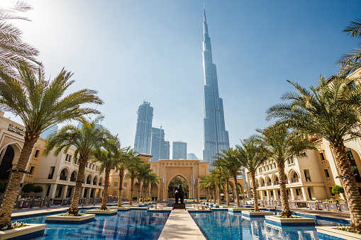 Dubai, UAE - april 20, 2021: Downtown Dubai, day view on Burj Khalifa from Souk Al Bahar and Saaha pond