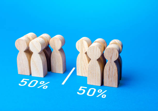 istock The group of people is divided equally by line. Visualization of statistical data. 50% of 100%. Dividing people into two groups on different issues. Polls test results. Equality in numbers 1323084256