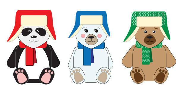 illustrations, cliparts, dessins animés et icônes de trois ours en peluche mignons: noudeur, panda et ours polaire, assis dans des chapeaux avec des coups d’oreille et des foulards - teddy panda bear