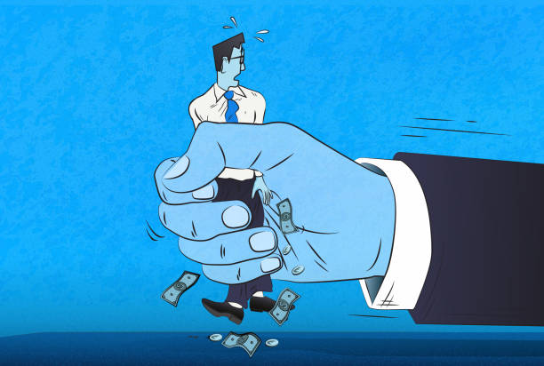 Employers Putting The Squeeze on Workers The giant hand squeezing a young worker. (Used clipping mask) greed stock illustrations