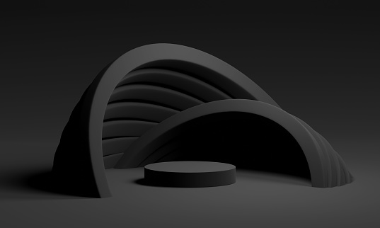 3D mock up podium with minimalistic geometric arches in total black. Abstract Modern platform for product or cosmetics presentation. Contemporary Stylish dramatic background