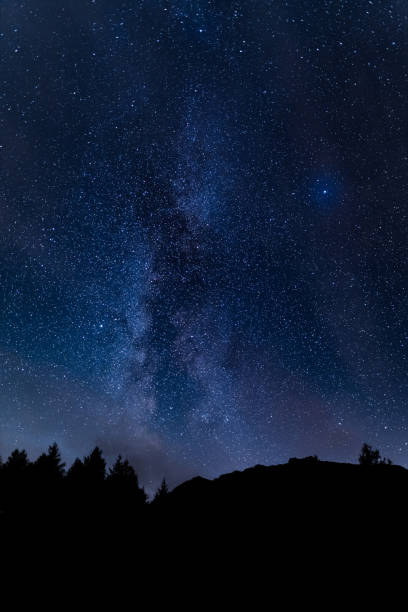 The milky way over the trees on the fells of Blea Tarn The milky way over the trees on the fells of Blea Tarn tranquil evening stock pictures, royalty-free photos & images