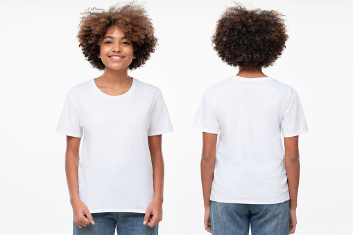 Front and back view of african american girl wearing blank t-shirt with copy space, isolated on white background