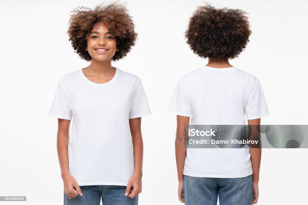 Front and back view of african american girl wearing blank t-shirt with copy space, isolated on white background T-Shirt Stock Photo