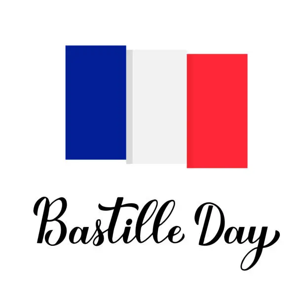 Vector illustration of Bastille Day calligraphy hand lettering with flag of France. French national holiday celebration. Vector template for typography poster, banner, party invitation, greeting card, flyer, sticker