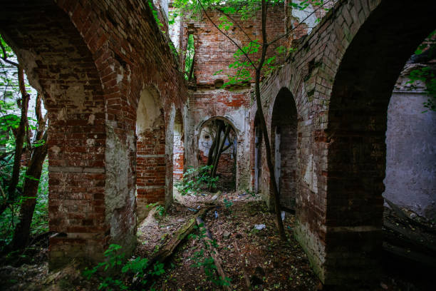 istock Old ancient abandoned red brick ruins overgrown by plants 1323092166
