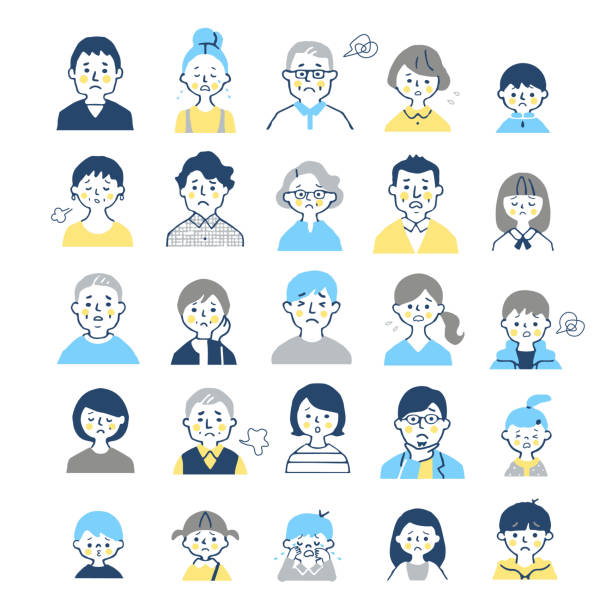 Faces of people of different ages male,faces, icons, facial expressions, variations frowning stock illustrations