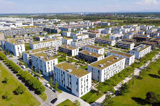 Aerial view of a modern residential district with new apartment buildings.
