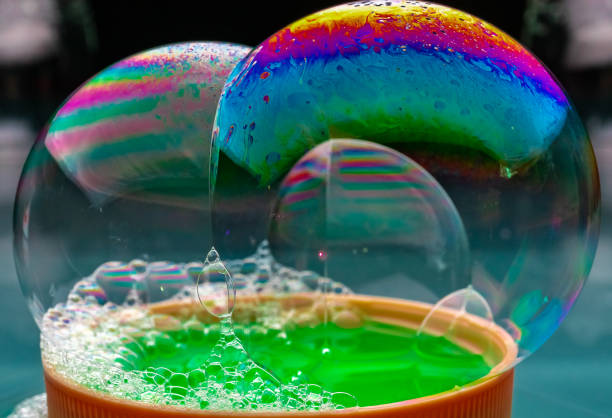 Vivid rainbow colours of a Macro soap bubbles creating psychedelic patterns under light dome