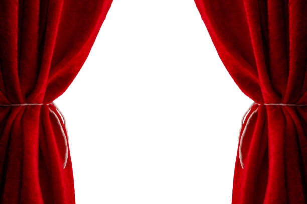 istock Presenting opera performance and opening act concept with open red velvet stage curtains isolated on white background with clipping path cutout 1323103918