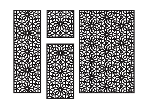 Islamic arabic cnc laser pattern with flowers. Decorative panel, screen,wall. Vector cnc panels set for laser cutting. Template for interior partition, room divider, privacy fence.
