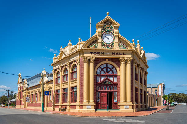 York's historic Town Hall was built in 1911. It's worth a visit to view its jarrah floors, balustrading and pressed tin ceilings. York, WA - Australia 11-15-2020. York's historic Town Hall was built in 1911. It's worth a visit to view its jarrah floors, balustrading and pressed tin ceilings. traditionally australian stock pictures, royalty-free photos & images