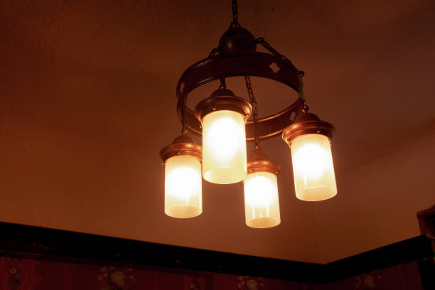 istock Retro barn ceiling lamp lights with white shades 1323114606