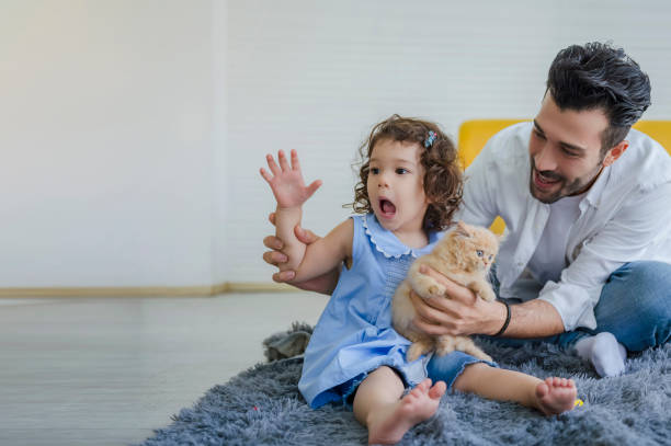 A happy family father and daughter with kitten are sitting on the carpet stock photo