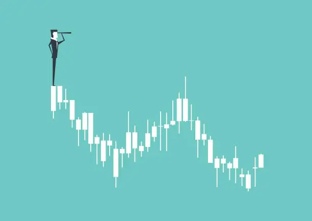 Vector illustration of Businessman looking through telescope on the top of the finance candle graph.