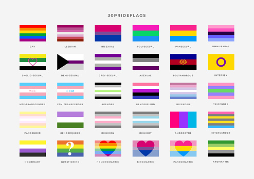 Identity pride flags set. Pride Month. Flag of gay, transgender, bisexual, lesbian etc.