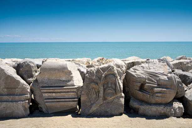 Caorle, Italy. May 31, 2021.  the  on the large breakwater boulders of the town's waterfront