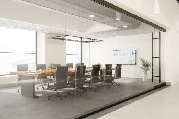 Outside View Of Empty Meeting Room With Table And Office Chairs Outside View Of Empty Meeting Room With Table And Office Chairs boarding photos stock pictures, royalty-free photos & images