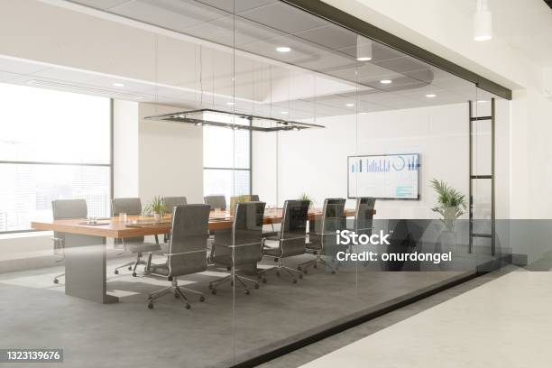 Outside View Of Empty Meeting Room With Table And Office Chairs Stock Photo - Download Image Now