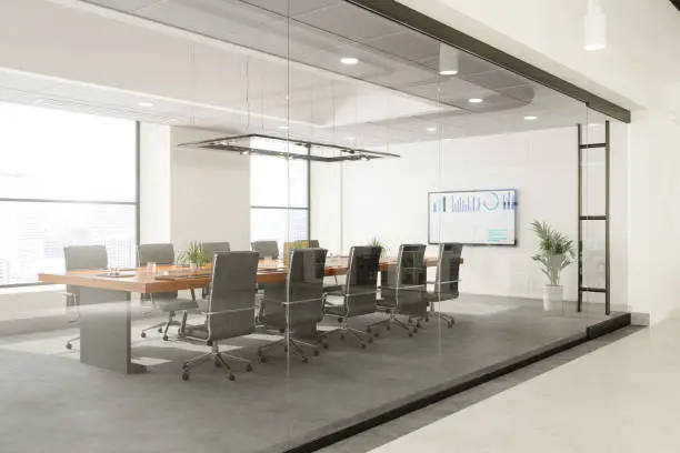 Photo of Outside View Of Empty Meeting Room With Table And Office Chairs