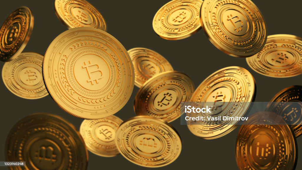 Bitcoin 3d render background. Bitcoin 3d render background. Golden Bitcoin coins. Altcoin Stock Photo
