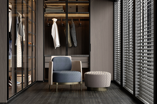 Luxury Dressing Room With Closet, Armchair And Hassock