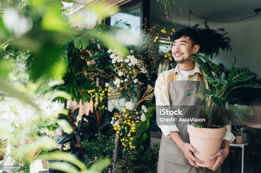 Confident young Asian male florist, owner of small business flower shop. Holding potted plant outside his workplace. He is looking away with smile. Enjoying his job to be with the flowers. Small business concept Small Business Stock Photo