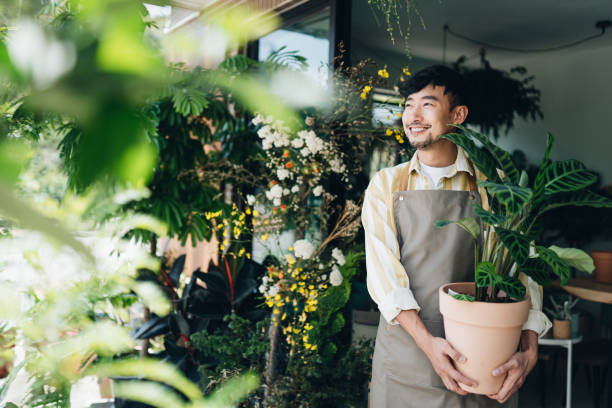 Confident young Asian male florist, owner of small business flower shop. Holding potted plant outside his workplace. He is looking away with smile. Enjoying his job to be with the flowers. Small business concept stock photo