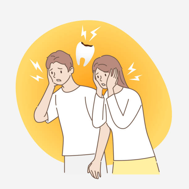 Young man and woman feel severe pain in the teeth from caries. Young man and woman feel severe pain in the teeth from caries. Dental concept. Toothache from caries. Hand draw style. Vector illustration. cute cartoon dental implants stock illustrations
