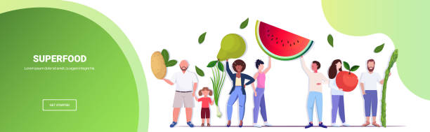 mix race people holding different vegetables and fruits healthy lifestyle vegan fresh superfood concept full length horizontal copy space mix race people holding different vegetables and fruits healthy lifestyle vegan fresh superfood concept full length horizontal copy space vector illustration black man eating watermelon stock illustrations