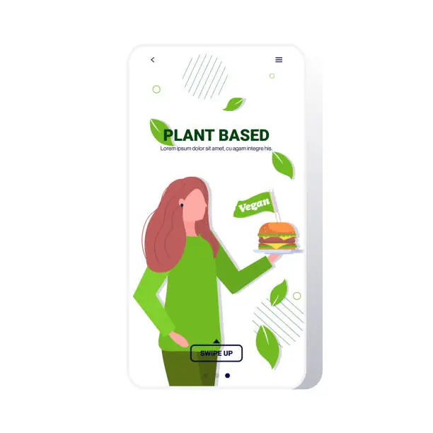 Vector illustration of woman holding plant based meat hamburger with vegan flag healthy lifestyle vegetarian food concept smartphone screen mobile app copy space portrait