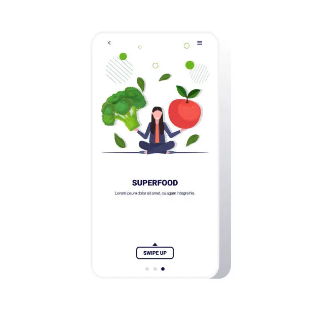 Vector illustration of woman holding fresh broccoli and apple healthy lifestyle vegan food vegetarian superfood concept smartphone screen mobile app full length copy space