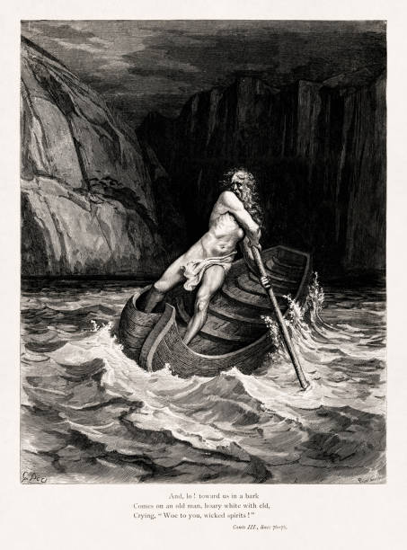 Charon from Dante's inferno Drawing of the Arrival of Charon made in 1857 by Gustave Doré to illustrate a new edition of the epic poems of Dante Alighieri originally published in the 14th century. dante stock illustrations