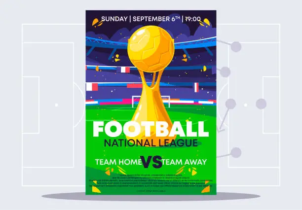Vector illustration of Vector illustration of a poster template for a football match with a gold cup in a football stadium