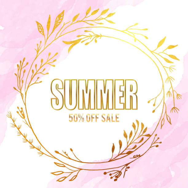 summer sale ulotka ze złotym wieńcem kwiatowym i różowym tłem akwarelowym. kwiatowy element projektowy wektorowy na urodziny, nowy rok, kartkę świąteczną, zaproszenie ślubne, ulotka sprzedaży. - wedding vector illuminated square stock illustrations