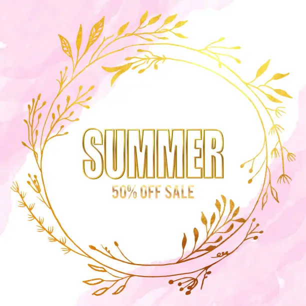 Vector illustration of Summer Sale Flyer with Gold Colored Flower Wreath and Pink Watercolor Background. Floral Vector Design Element for Birthday, New Year, Christmas Card, Wedding Invitation,Sale Flyer.