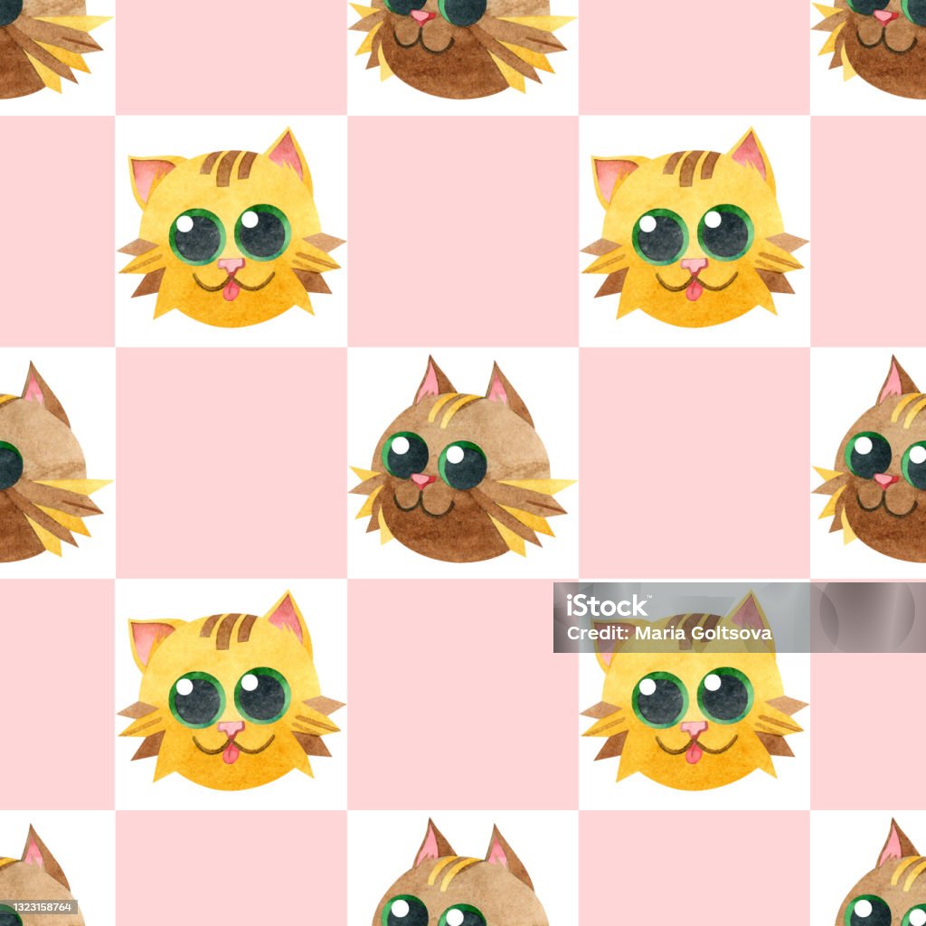 Seamless Pattern With Funny Cat Faces Creative Scandinavian Childrens  Texture Watercolor Illustrations On A Checkered Background Great For  Fabrics Textiles Websites Wallpaper Packaging Stock Illustration - Download  Image Now - iStock