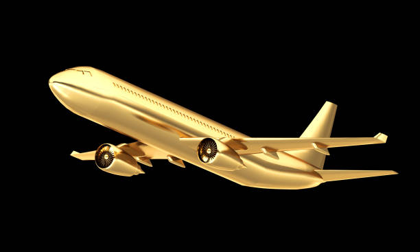 istock Golden airplane isolated on black background. 3d rendering. 1323158818